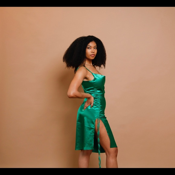 Emerald Satin Mini Dress |Adjustable Straps/Slit Detail/Holiday Party–Size S M L - Picture 13 of 13